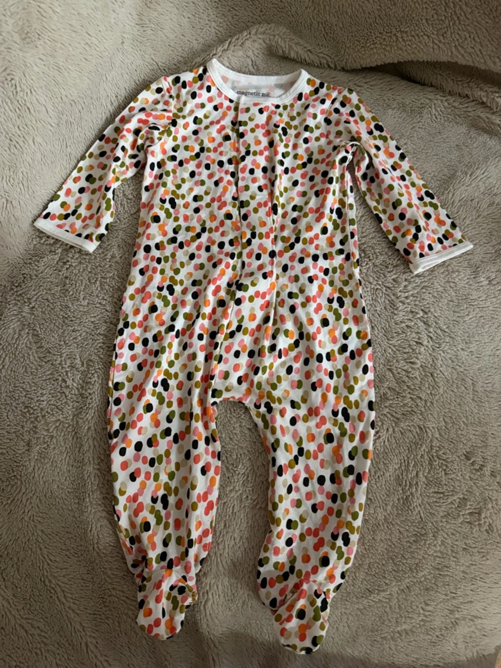 Magnetic Me White Footed One-Piece with Pink, Orange, Olive & Black Dot Print